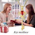 wholesale 925 Sterling Silver Gold-Plated Key Pendant Necklace w/Red CZ & Blue Topaz-0-2
