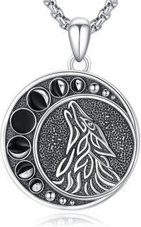 wholesale 925 Sterling Silver Viking Wolf with Moon Phases Pendant Necklace for Men & Women-(01-Black Design- Silver)