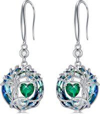 wholesale 925 Sterling Silver Austrian Crystal Tree of Life Birthstone Dangle Earrings for Women-05-May-Emerald