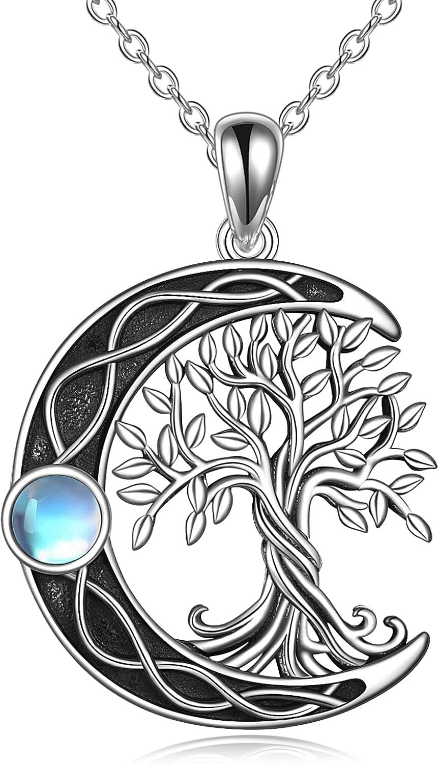 925 Sterling Silver Moonstone Celtic Knot Tree of Life Pendant Necklace-0-0