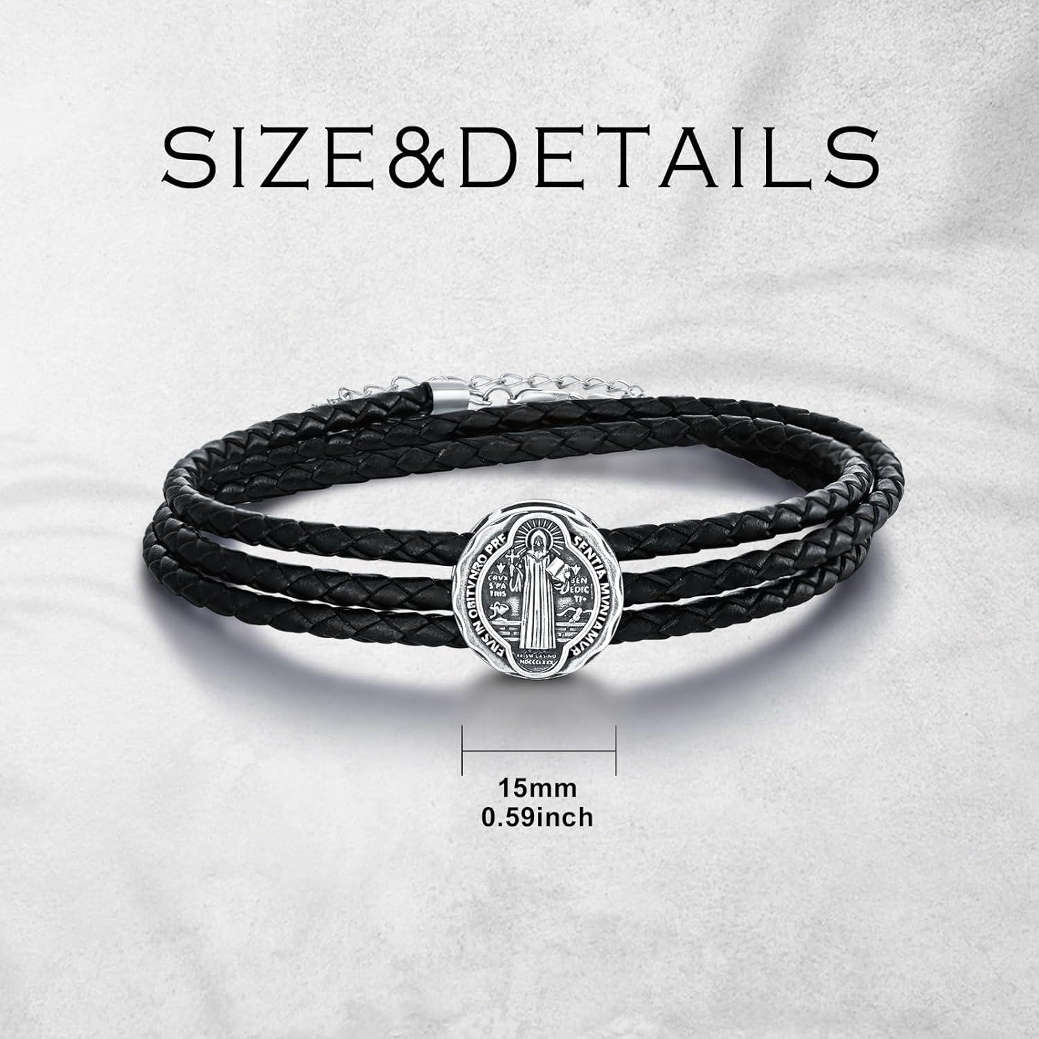 wholesale 925 Sterling Silver Black Leather Saint Benedict and Saint Jude Charm Bracelet Gift for Men-0-2