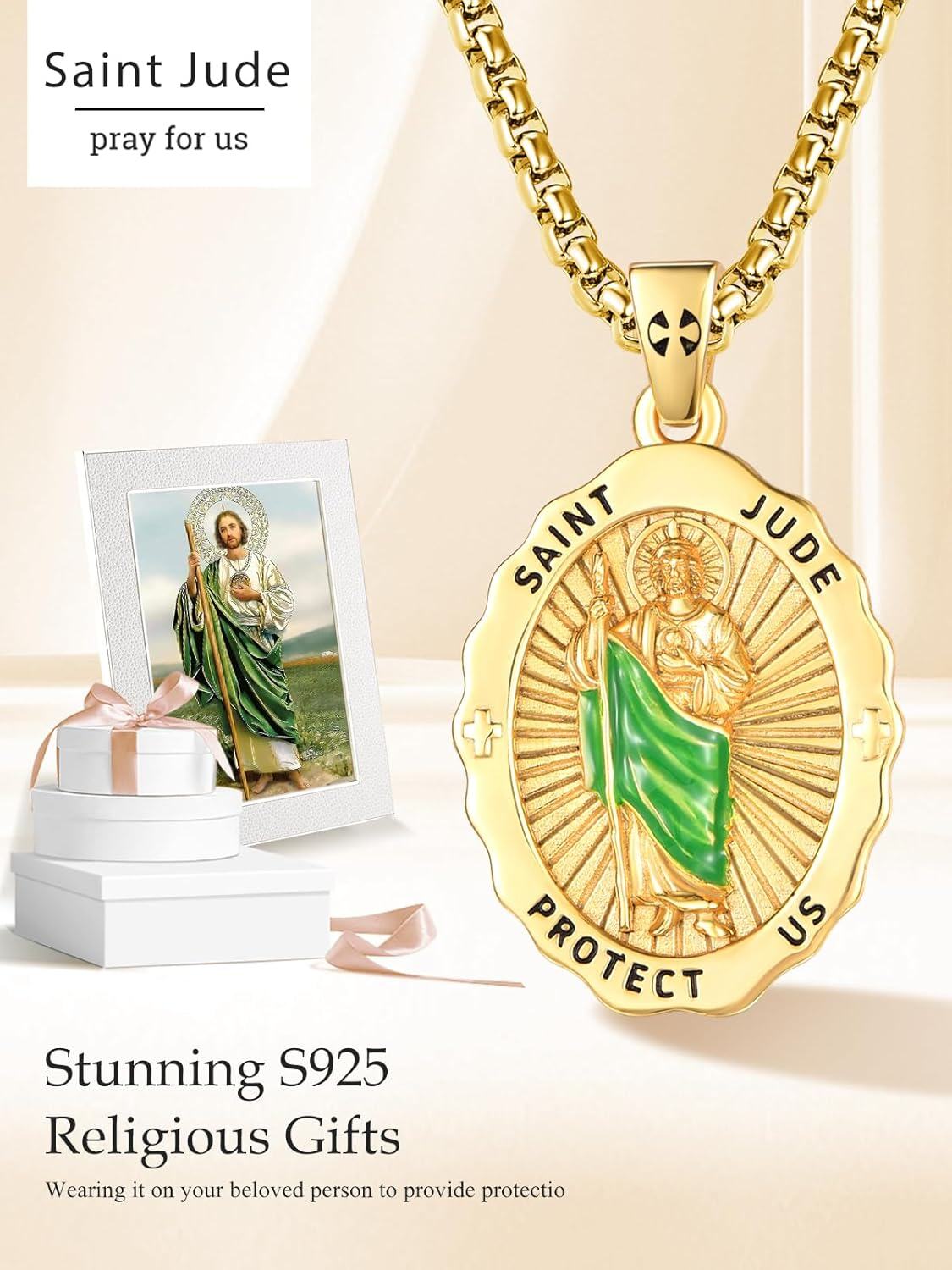 Stainless Steel Gold Plated Saint Jude Pendant Necklace for Women with Green Enamel and Crosses-0-5