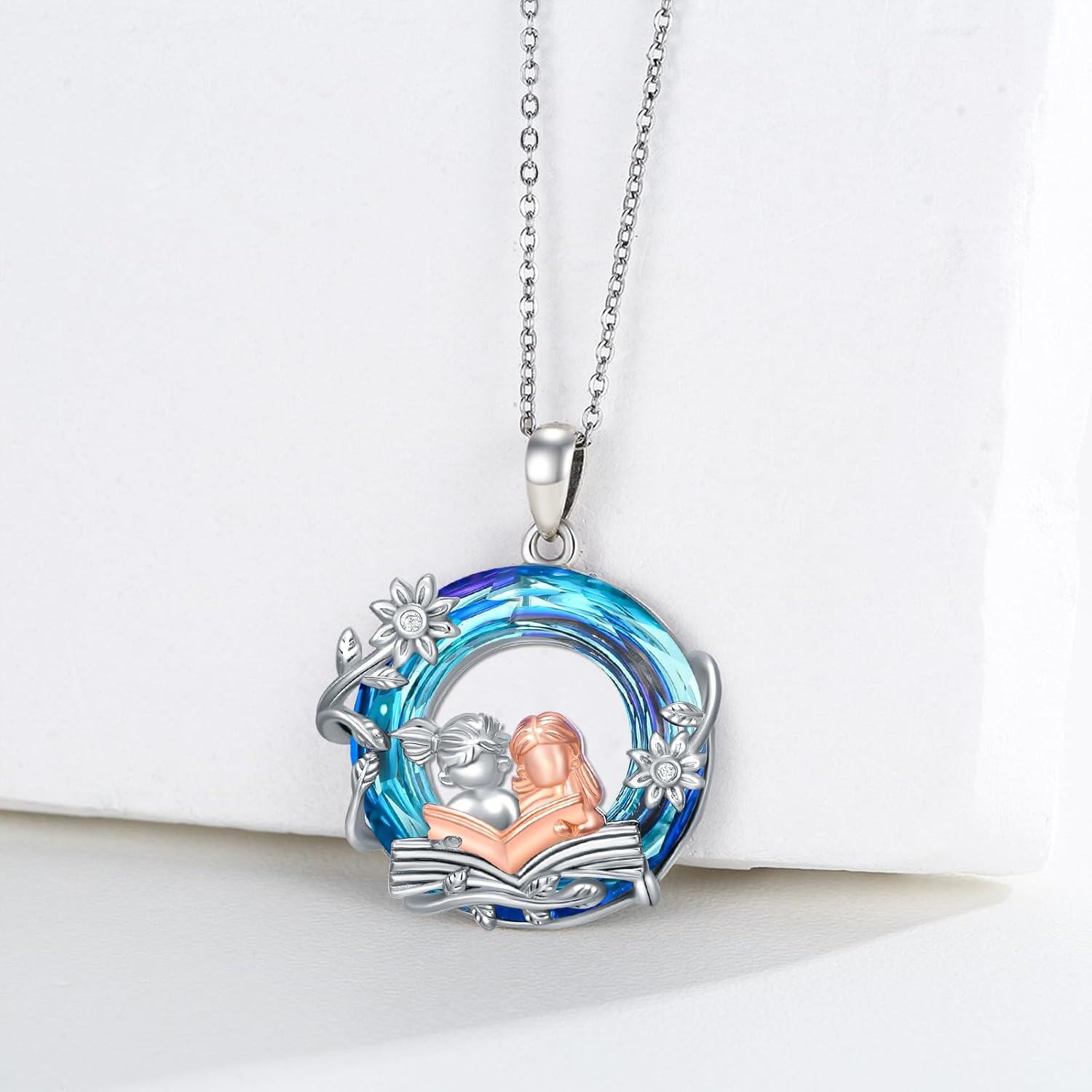 925 Sterling Silver Round Blue Crystal Love Reading Book Lover Gift Pendant Necklace-0-2