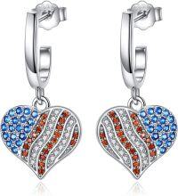 wholesale 925 Sterling Silver Heart-Shaped American Flag Design Huggie Hoop Earrings with Cubic Zirconia Stones for Women-American Flag