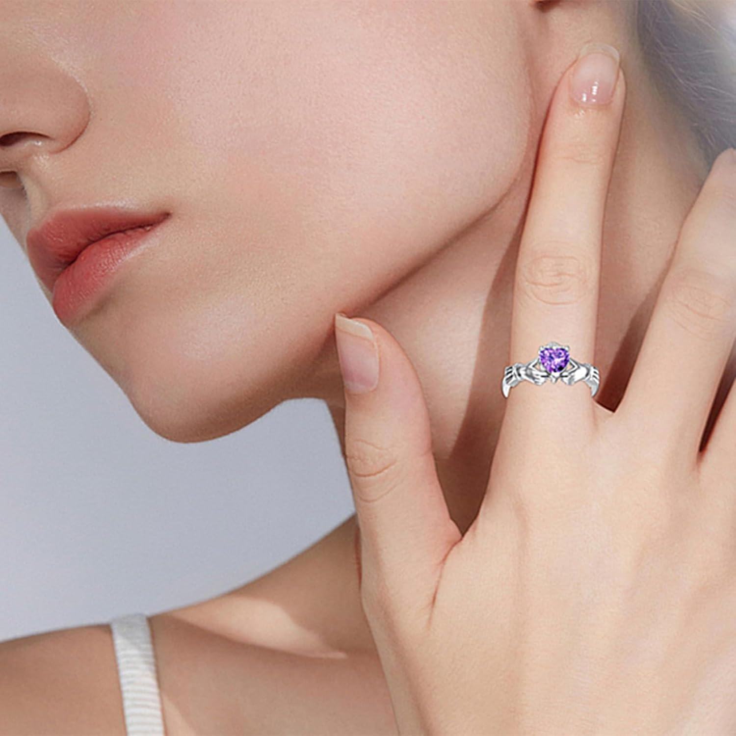 Sterling Silver Amethyst Claddagh Ring for Women Irish Heart Jewelry Gift-0-1