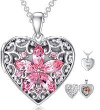 wholesale 925 Sterling Silver Pink Crystal Flower Heart Lockets Pendant Necklaces for Women and Girls with Adjustable Chain (Length: 46-73cm)-E-Flower Locket+Photo+Text-E-Flower Locket only-E-Flower Locket+Photo