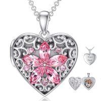 wholesale 925 Sterling Silver Pink Crystal Flower Heart Lockets Pendant Necklaces for Women and Girls with Adjustable Chain (Length: 46-73cm)-E-Flower Locket+Photo+Text-E-Flower Locket only-E-Flower Locket+Photo