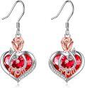 wholesale 925 Sterling Silver Red Crystal Rose & Heart Mom Dangle Earrings-0-0