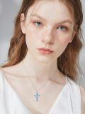 wholesale 925 Sterling Silver Cross with Blue Opal and CZ Butterflies Pendant Necklace for Women-0-2
