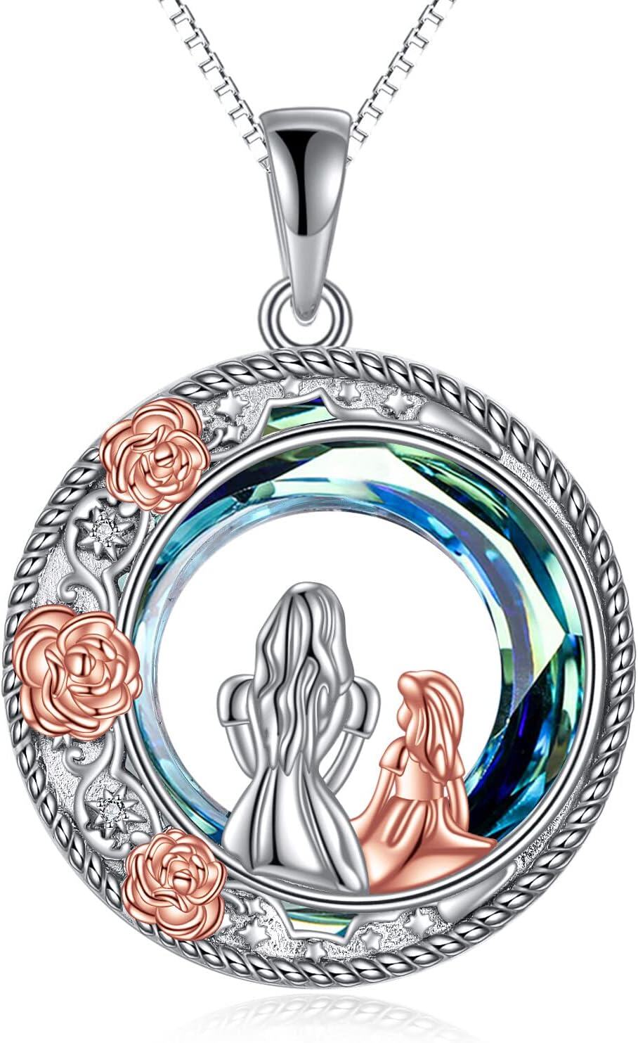 Sterling Silver Blue Crystal Mother and Children Rose Flower Necklace Gift for Mom-0-1