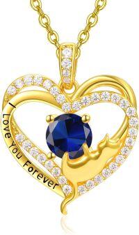 wholesale Sterling Silver Birthstone Cat Projection Heart Pendant Necklace-Gold-09 Sep - Sapphire