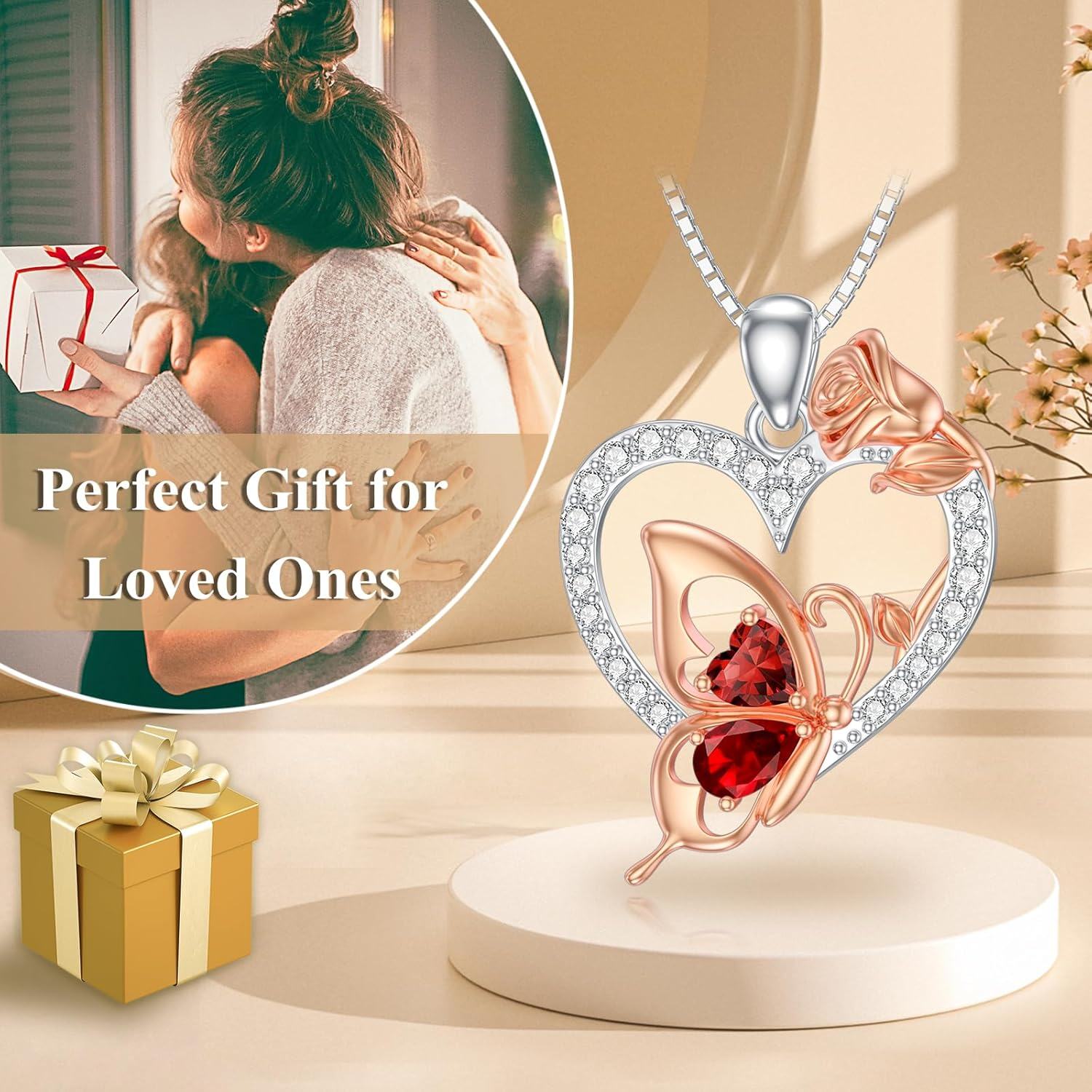  Sterling Silver Zircon Butterfly Heart Necklace for Women Birthday Gift -0-5