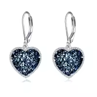 wholesale 925 Sterling Silver Metal Drusy Crystal Heart Dangle Earrings (Pink/Blue/Purple) Leverback Drop s for Women-Navy Blue Drusy