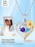 wholesale Sterling Silver 2 Birthstones Sunflower Heart Necklace for Women-0-2