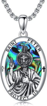 wholesale 925 Sterling Silver Saint Peter Protect Us Pendant with Abalone Shell and Crosses on Chain for Men Women Catholic  47cm Length-St Peter