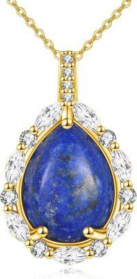 wholesale Sterling Silver Lapis Moonstone Moss Agate Larimar Onyx Cubic Zirconia Pendant Necklace-Gold Lapis Lazuli