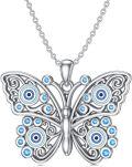 wholesale 925 Sterling Silver Butterfly Evil Eye Necklace with Blue Crystals and Filigree Design-0-0