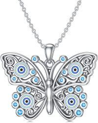 wholesale 925 Sterling Silver Butterfly Evil Eye Necklace with Blue Crystals and Filigree Design-Evil Eye & Butterfly
