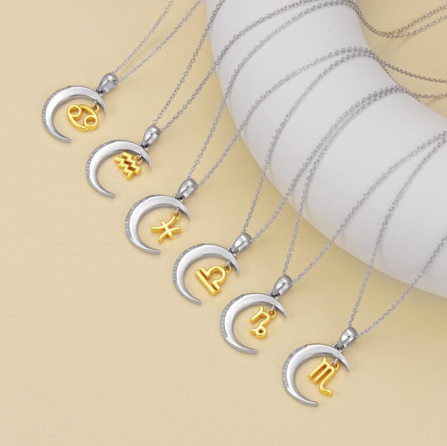 925 Sterling Silver Virgo Zodiac Pendant with Crescent Moon and Diamonds for Women-0-1