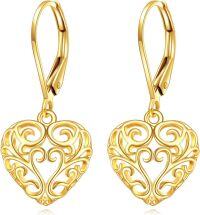 wholesale 14K Gold Vintage Heart Earrings with Filigree Design, Hypoallergenic, 25.7mm, Gift Boxed-Heart Filigree Leverback Earrings