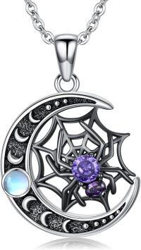 wholesale 925 Sterling Silver Spider Web Purple Crystal Crescent Moon Pendant Necklace-Moonstone spider