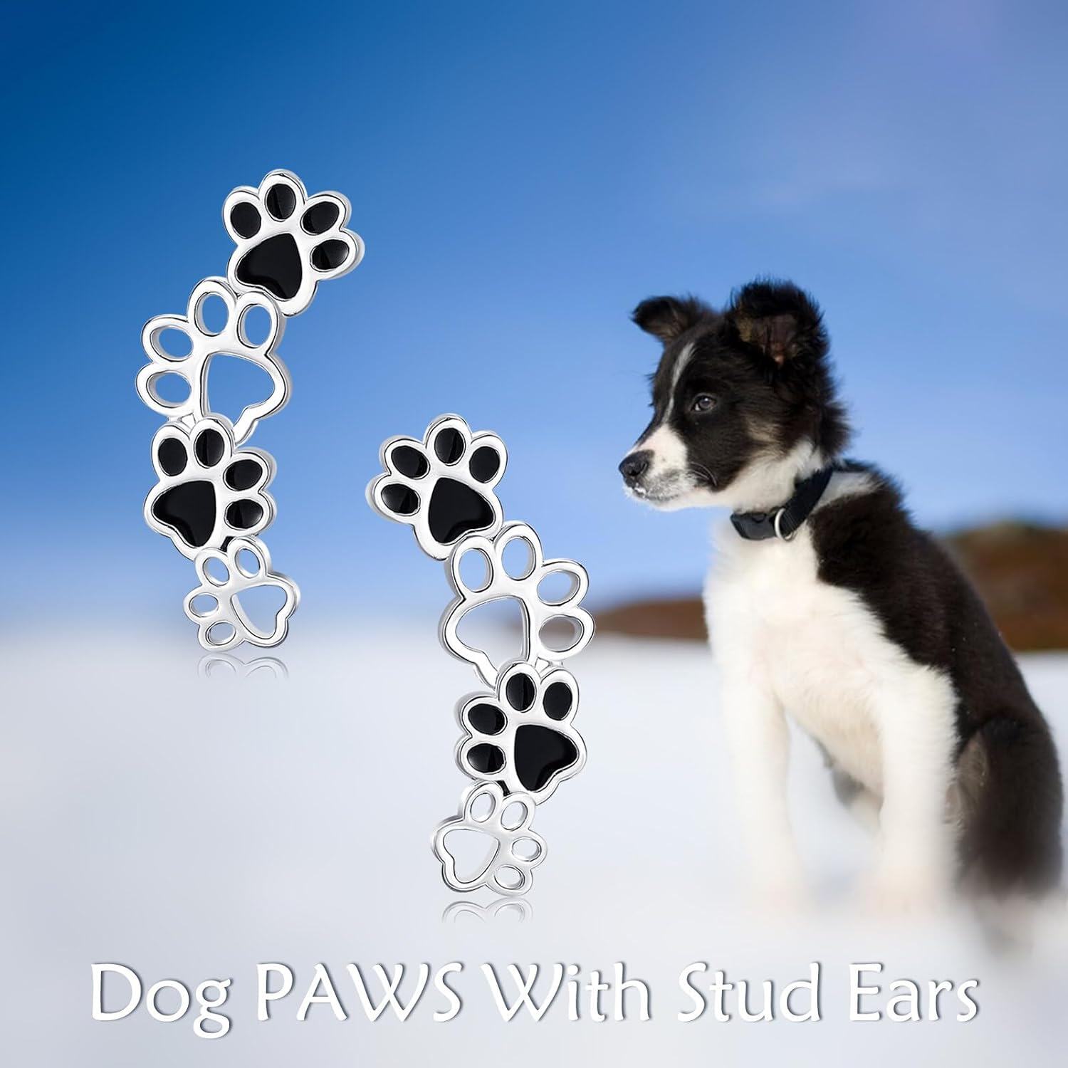 925 Sterling Silver Black Enamel Dog Paw Print Climber Stud Earrings for Women-0-1