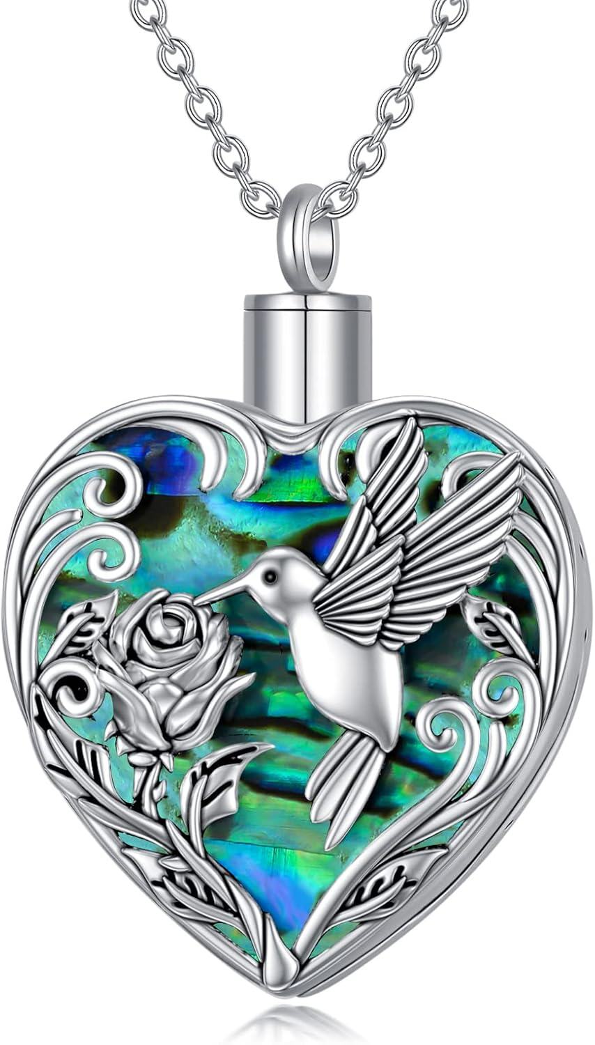  Sterling Silver Heart Hummingbird Urn Necklace for Ashes Memorial Keepsake -0-0