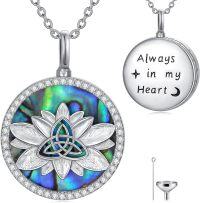 wholesale 925 Sterling Silver Round Abalone Shell Cremation Pendant with Lotus Flower and Triquetra Symbol - Always in My Heart Keepsake Jewelry (Necklace Included)-13-Lotus-Celtic