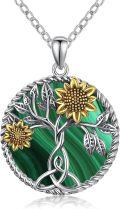 wholesale 925 Sterling Silver Tree of Life Malachite Green Stone Gold Sunflowers Pendant Necklace for Women Girls  43cm Chain Length-0-0