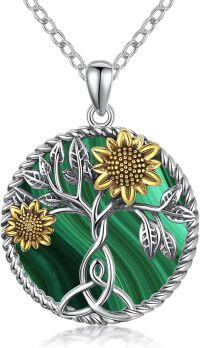 wholesale 925 Sterling Silver Tree of Life Malachite Green Stone Gold Sunflowers Pendant Necklace for Women Girls  43cm Chain Length-C-Malachite Sunflower