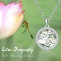 wholesale 925 Sterling Silver Round Green Moss Agate Lotus Flower and Dragonfly Pendant Necklace for Women-0-4