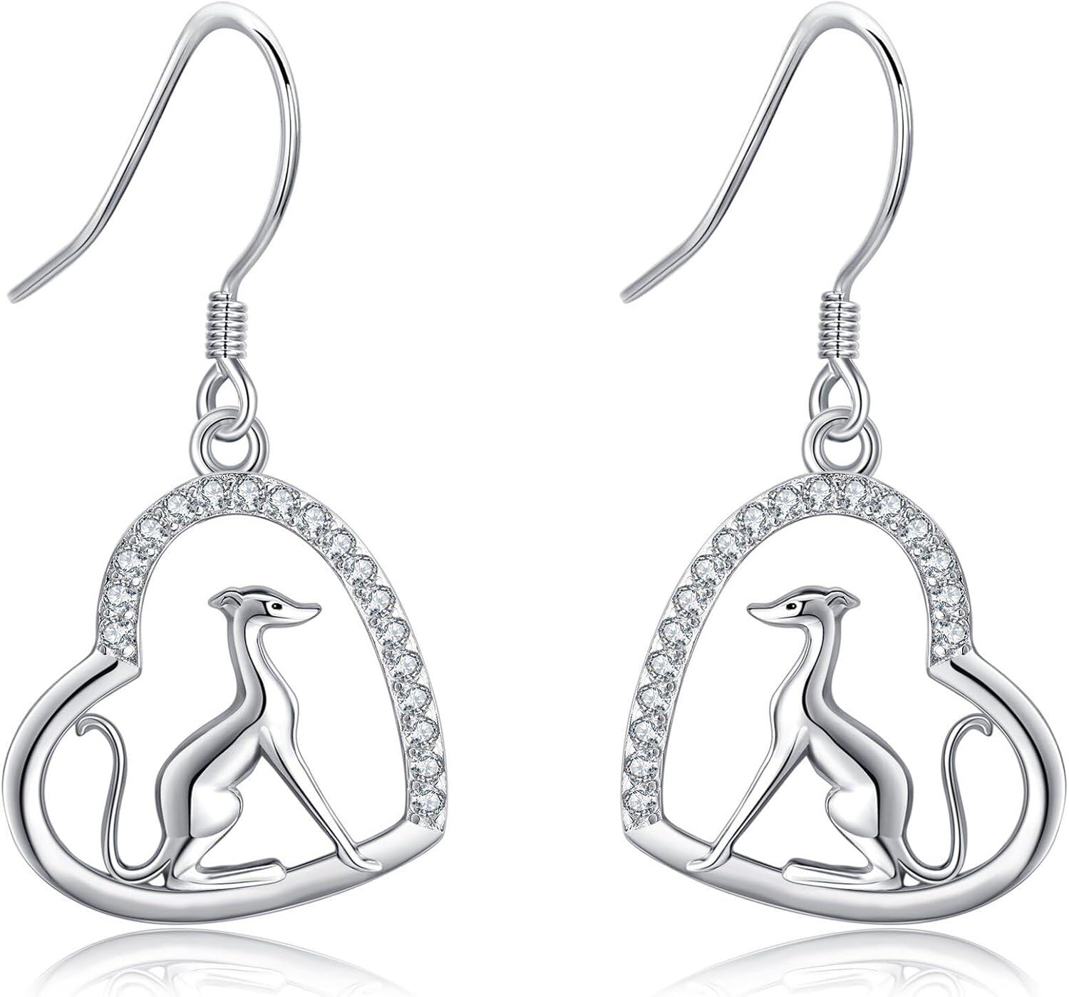 Sterling Silver Dog Earrings w Heart Dachshund Greyhound German Shepherd Dalmatian Dangle Jewelry Gifts for Women-Greyhound