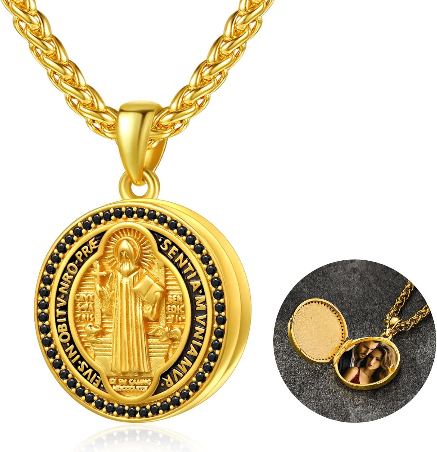 Gold 925 Sterling Silver Saint Benedict Medal Locket Pendant Chain Catholic Christian Gifts for Men/Women-0-0