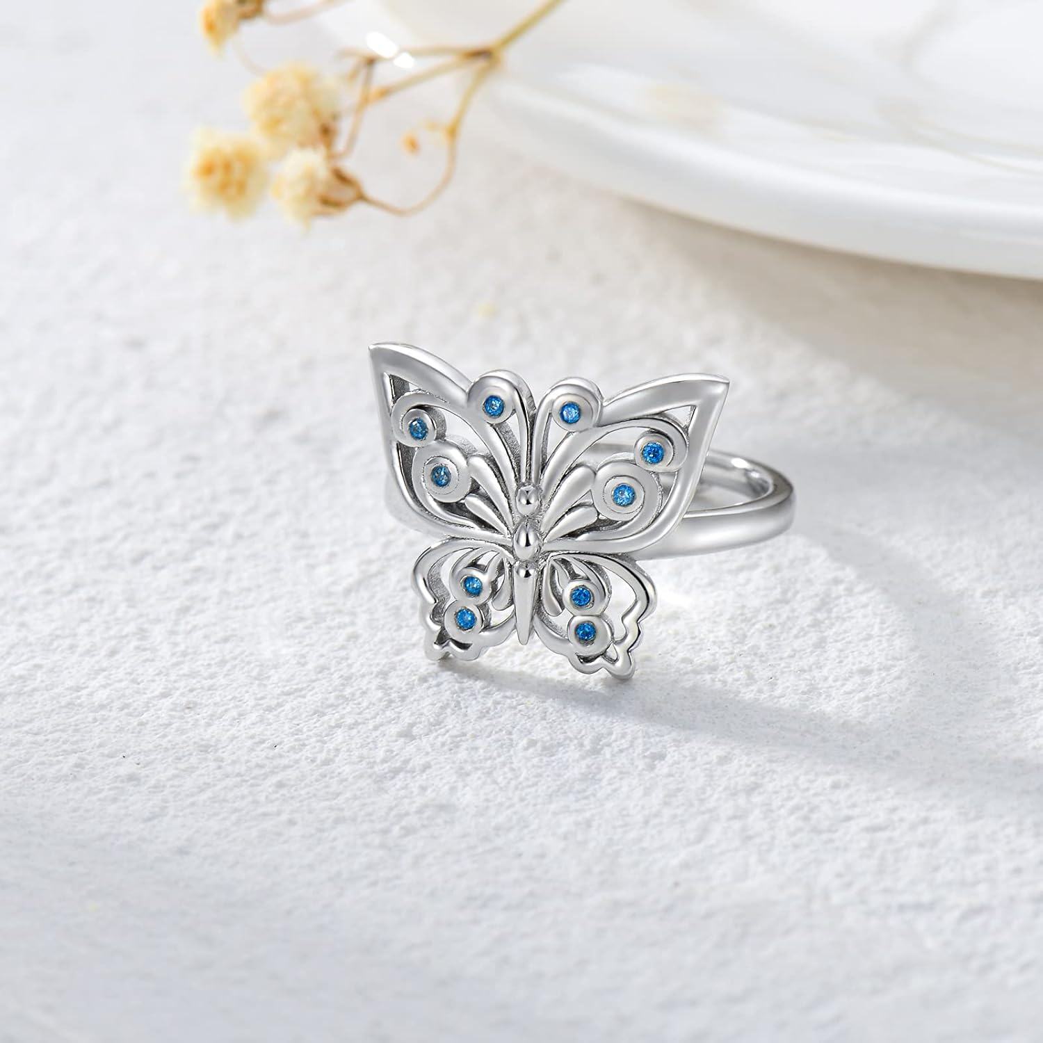 Sterling Silver Blue Crystal Butterfly Ring Open Jewelry for Women-0-1