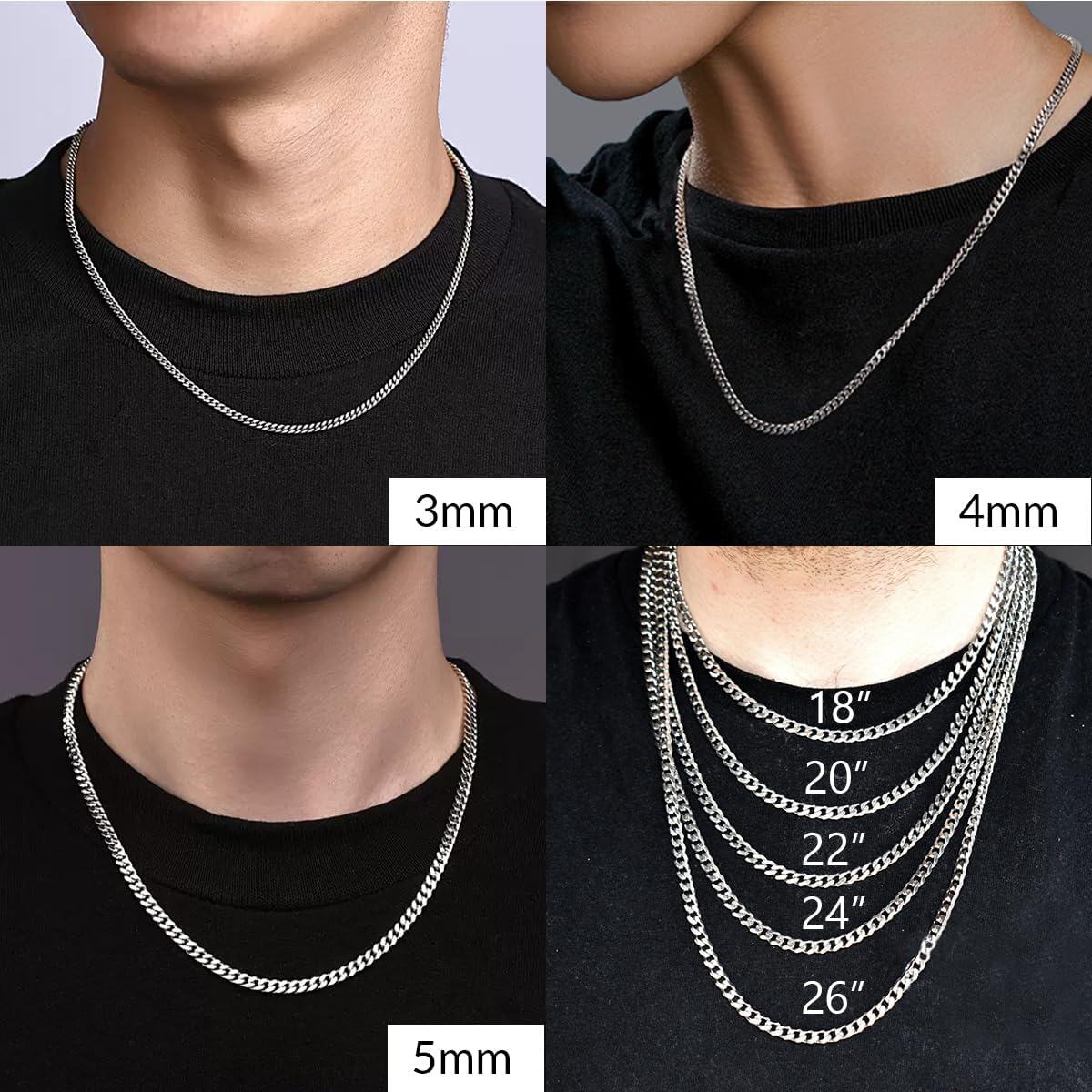 Sterling Silver Cuban Link Chain 3mm 4mm 5mm for Men Women 18 26 -0-3