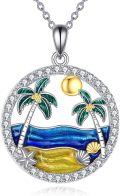 wholesale 925 Sterling Silver Beach Scene Pendant with Coconut Trees and Seashells Necklace for Women-0-0