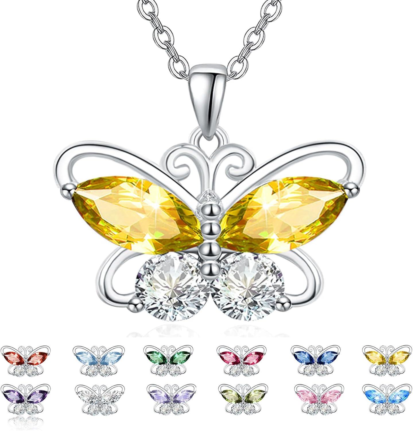 Sterling Silver Cubic Zirconia 12 Birthstone Butterfly Pendant Necklace-0-1