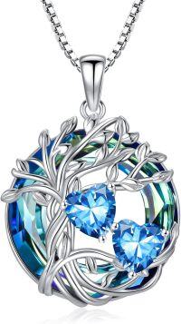 wholesale 18K White Gold Filled Sterling Silver Family Tree Pendant with 2 Heart Birthstones Blue Austrian Crystal Necklace for Women-12-12-Dec-Dec Birthstone