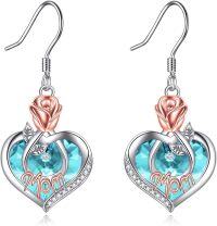 wholesale 925 Sterling Silver Blue Crystal Rose & Heart Mom Dangle Earrings-03 Mar-Mom Earrings with Heart Crystal
