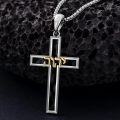 wholesale 925 Sterling Silver Men's Cross Necklace w/ 3 Gold Nails & Black Onyx Skull Pendant -0-2