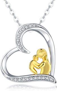 wholesale 925 Sterling Silver Mother and Child Heart-Shaped Pendant Necklace with Cubic Zirconia Stones for Moms & Grandma-E-Mom