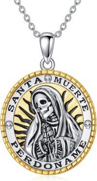wholesale 925 Sterling Silver Santa Muerte Perdoname Necklace with Gold Accents and Skulls-Santa Muerte