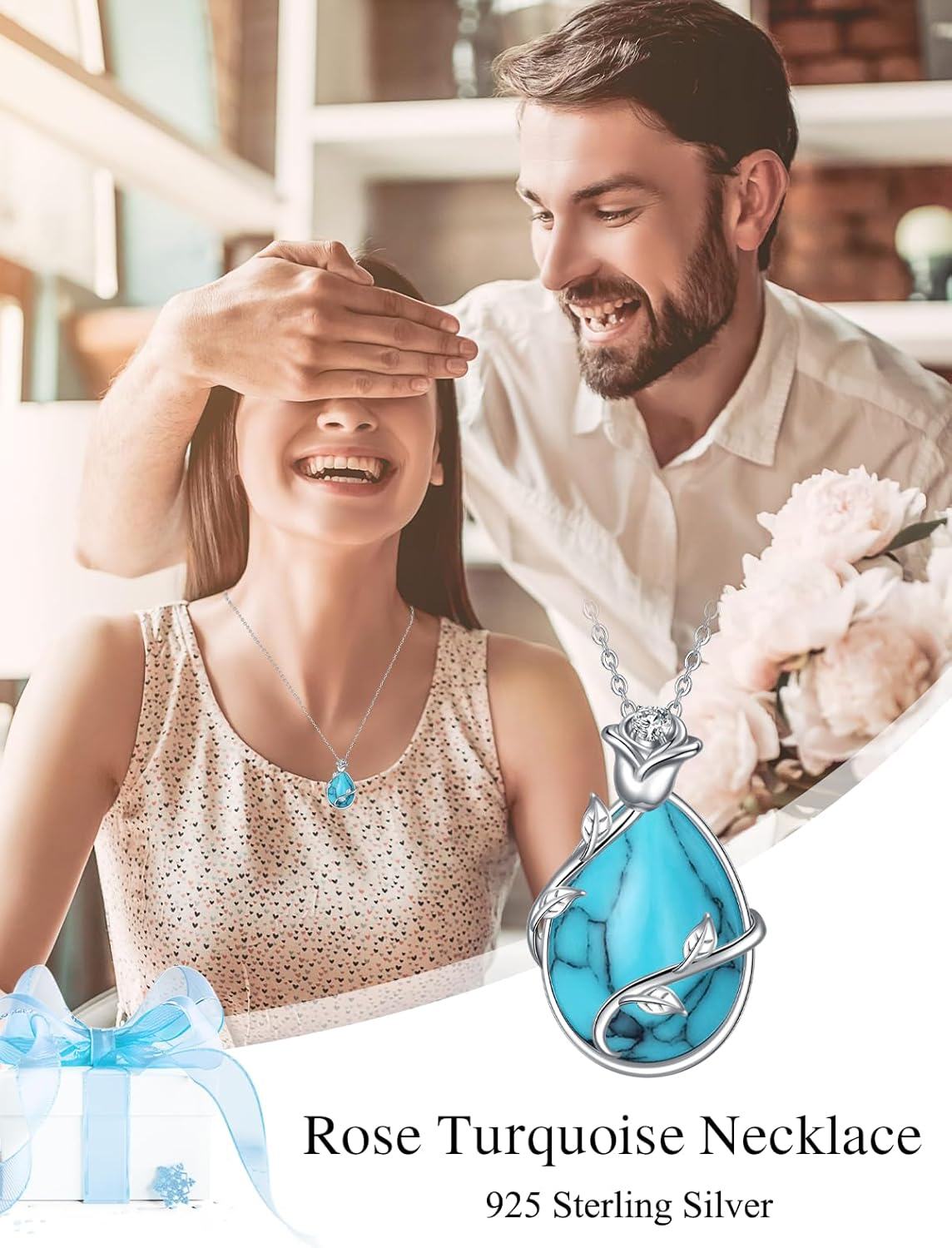 wholesale 925 Sterling Silver Blue Turquoise & Black Onyx Infinity Rose Pendant Necklace for Women Gemstone s-0-1
