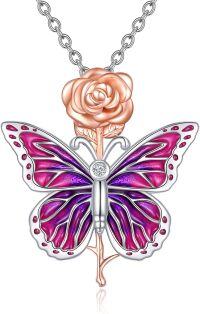wholesale 925 Sterling Silver Butterfly & Rose Pendant Necklaces w/ Multi-Color Stones (Blue/Purple/Pink/Green)-Purple butterfly