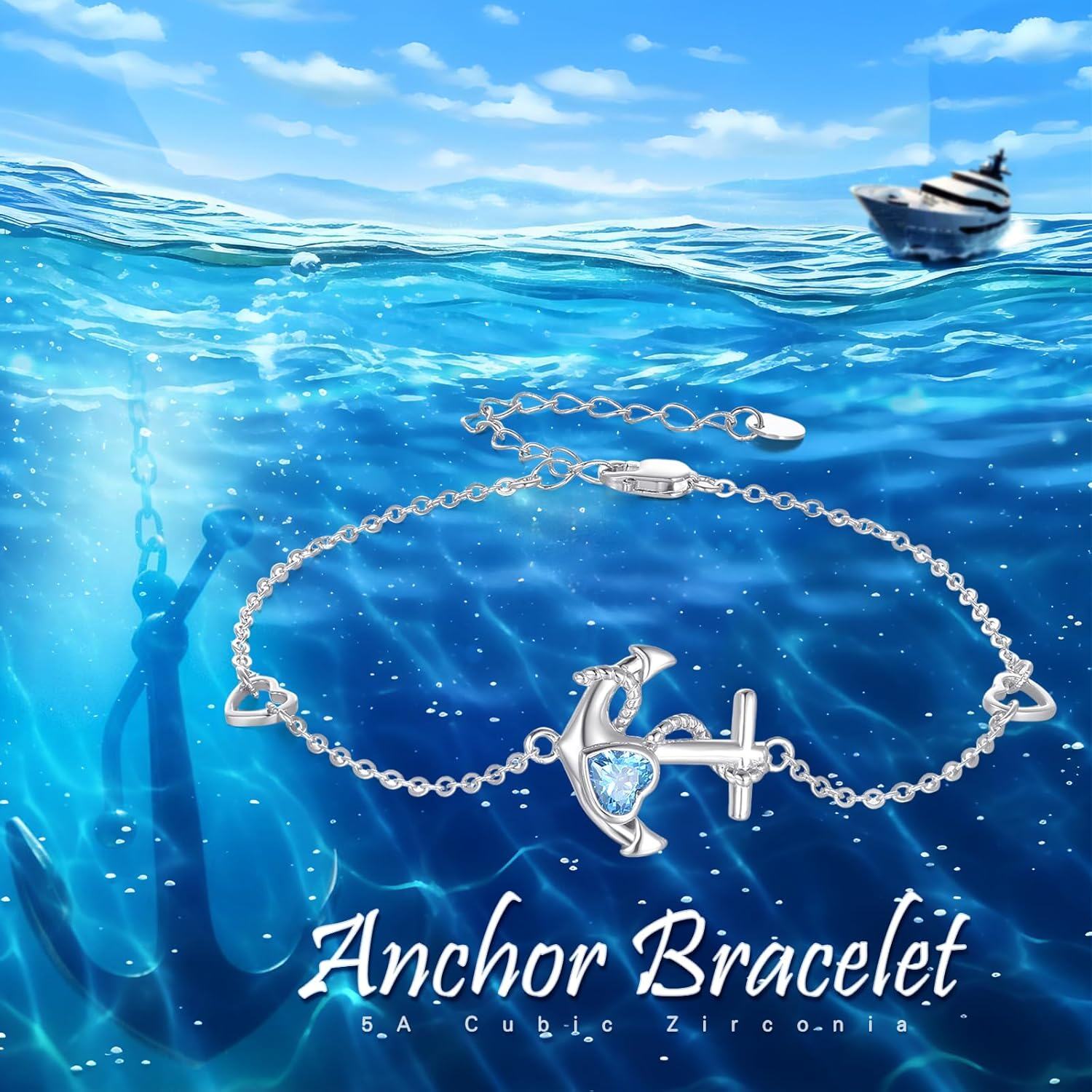 wholesale 925 Sterling Silver Heart-Shaped Blue Crystal Anchor Charm Bracelet-0-2