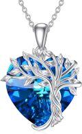 wholesale 925 Sterling Silver & 14K White Gold Plated Heart Blue Crystal Tree of Life Necklace, Sapphire Birthstone Gift for Women-0-0