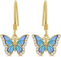 wholesale Gold 10K Blue Enamel Butterfly Drop Earrings for Women-Yellow Gold