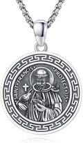 wholesale 925 Sterling Silver Round Pendant with Saint Francis Design and Greek Key Border - 3D Relief Protection Charm Necklace for Men Women Boys Girls  (Silver)-0-0