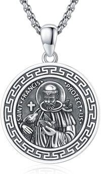 wholesale 925 Sterling Silver Round Pendant with Saint Francis Design and Greek Key Border - 3D Relief Protection Charm Necklace for Men Women Boys Girls  (Silver)-Necklace