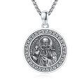 wholesale 925 Sterling Silver Round Pendant with Saint Francis Design and Greek Key Border - 3D Relief Protection Charm Necklace for Men Women Boys Girls  (Silver)-0-0